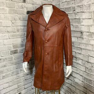 Vintage 70s Long Camel Leather Jacket Trench Coat Overcoat